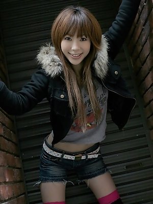 Adorable Asian teen in short shorts has nice legs and tight ass